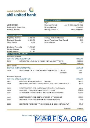 Realistic Bahrain Ahli United Bank statement excel template